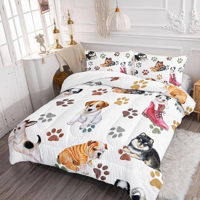 Kawaii Cartoon All Kinds of Dogs Animal Themed Comforter 3Pcs Full Colorful Paw Printed Bedding Set for Kids Teens Girls Boys Bed Decor Cute Puppy Quilt with 1 Comforter and 2 Pillowcases