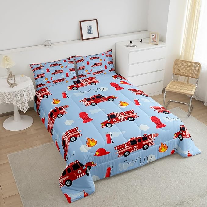 Erosebridal Red Fire Truck Toddler Bedding Set Firefighter Fire Truck Comforter for Boys Girls Kids Fighting Supplies Fireman Car Vehicle Bedg Comforter Set Ambulance Blue Red Quilt Toddler Size