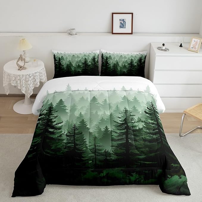 Feelyou Fog Forest Comforter Botanical Pine Trees Comforter Set for Boys Girls Watercolor Green Bedding Set Room Decor King Size Bedspread Cover 3Pcs Boys