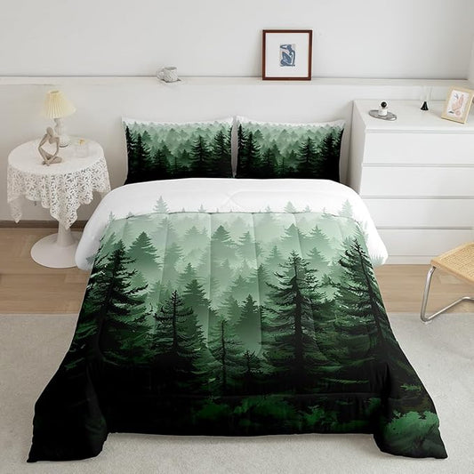 Feelyou Fog Forest Comforter Botanical Pine Trees Comforter Set for Boys Girls Watercolor Green Bedding Set Room Decor King Size Bedspread Cover 3Pcs Boys