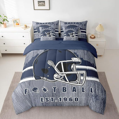 Erosebridal Cowboys Football Bed in A Bag Boys Girls Bedding Set Gridiron Gifts for City Fans Women Men Comforter Sets with Sheets Rugby Sports 7 Pieces Bed Set Queen