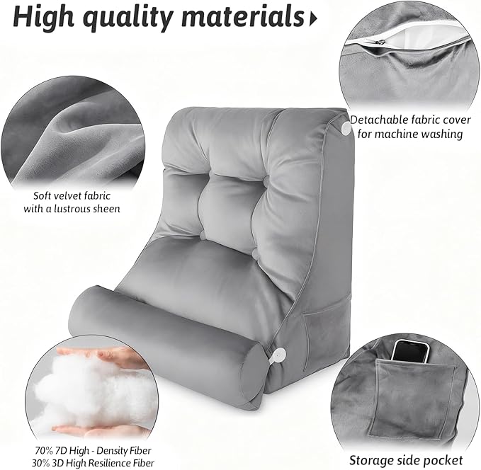 2PCS Reading Backrest Pillow Set,Soft FleeceLike,22''x24'' Bed Rest Pillow w/Removable Washable Cover,for Sit/Sleep,Leg/Back Support,Acid Reflux,PostSurgery Relief,Side Phone Pocket,Light Grey