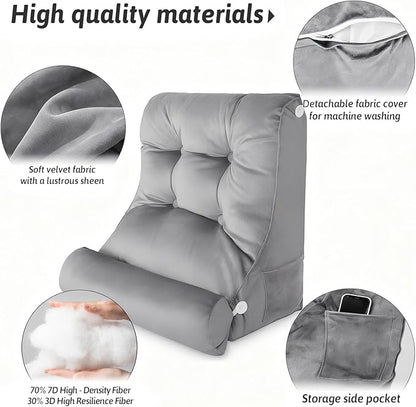 2PCS Reading Backrest Pillow Set,Soft FleeceLike,22''x24'' Bed Rest Pillow w/Removable Washable Cover,for Sit/Sleep,Leg/Back Support,Acid Reflux,PostSurgery Relief,Side Phone Pocket,Light Grey