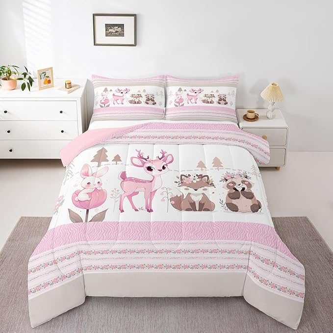 jejeloiu Cute Pink Deer Bedding Set Full Size Kawaii Forest Animal Comforter Set for Kids Girls Pink Flower Stripe Duvet Set Rabbit Quilt Set 3Pcs
