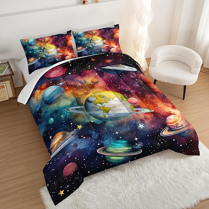 Solar System Bedding Queen Comforter Set for Boys,Starry Sky Planets Series Bedding Set Comforter for Kids Boys Girls Bedroom Decor,Space Themed Bedding Set with 2 Pillowcases.