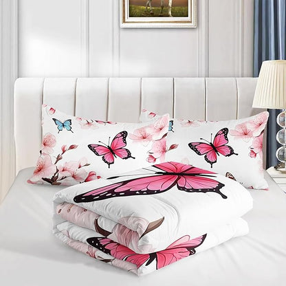 Colorful Butterfly Cherry Blossom Comforter 3Pcs Full Sakura Flower Romantic Butterfly Bedding Set for Kid Teen Girl Boy Adult Petal Floral Quilt Decor with 1 Comforter and 2 Pillowcases