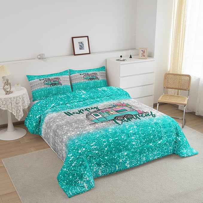 Feelyou Kids Camper Bedding Set Full Farmhouse Rustic Happy Camping Comforter for Girls Luxury Teal Glitter Floral Decor Comforter Set Camper Lover Quilt with 2 Pillow Case Boys