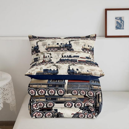 Erosebridal Kids Vintage Steam Train Bedding Sets for Car Lovers, Boys Retro Classic Steam Engine Vehicles Comforter Timeless Railroad Locomotive Duvet Set with 2 Pillow Cases (King 3Pcs)