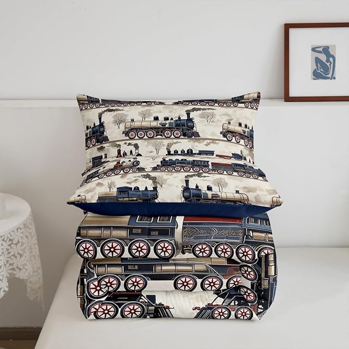 Erosebridal Kids Vintage Steam Train Bedding Sets for Car Lovers, Boys Retro Classic Steam Engine Vehicles Comforter Timeless Railroad Locomotive Duvet Set with 1 Pillowcase (Twin 2Pcs)