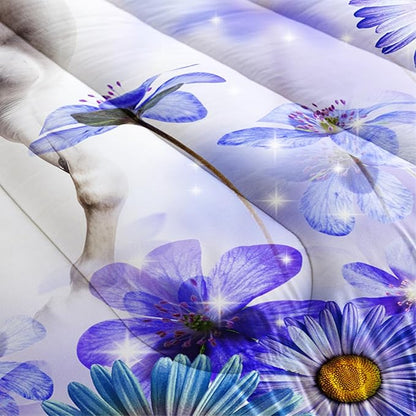 Horse Comforter 3 Piece Bedding Set,Full Size Comforter Sets for Girls Boys Room Decor,Floral Butterfly Comforter Sets with 2 Pillowcases,Soft Lightweight Bedding Set for All Seasons.