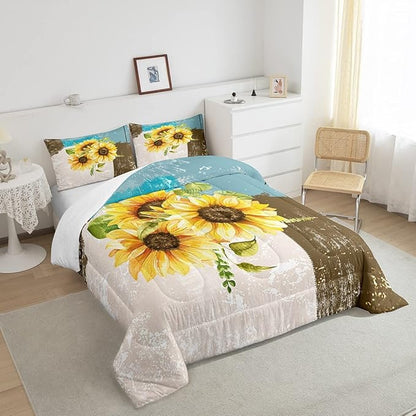 Feelyou Abstract Comforter Sunflowers Yellow Flroral Comforter Set for Boys Girls Children Grey Blue Brown Modern Abstract Art Bedding Set Room Decor King Size Duvet Set 3Pcs