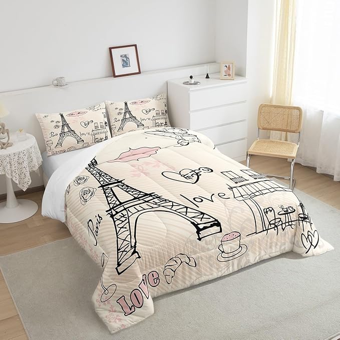 Feelyou Eiffel Tower Comforter Set Paris Tower Comforter for Girls Romantic Rose Chic Paris Theme Bedding Set Paris Cityscape Printed Heart Love Duvet Set Room Decor Quilt Set Full