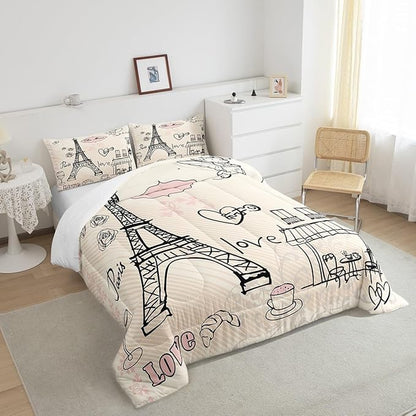 Feelyou Eiffel Tower Comforter Set King Paris Tower Comforter for Girls Romantic Rose Chic Paris Theme Bedding Set Paris Cityscape Printed Heart Love Duvet Set Room Decor Twin with 1 Pillow Case