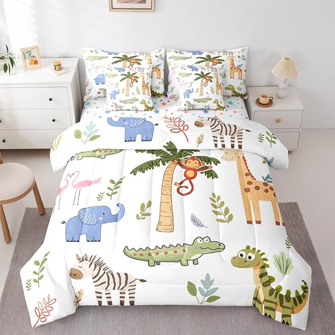 Feelyou Kids Zoo Animals 7 Piece Bedding Set Cute Giraffe Monkey Elephant Comforter Set with Sheets for Kids Boys Girls Plants Printed Bed in a Bag Animal Theme Bed Set Soft Lightweight