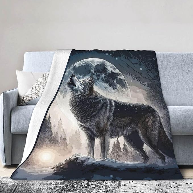 Custom Howling Wolf Blanket with Name for Women Men, Personalized Cool Wolf Themed Design Printed Throw Blankets for Teens Adults Lap, Chair Sofa, Giftable Blanket, 50"x 60"