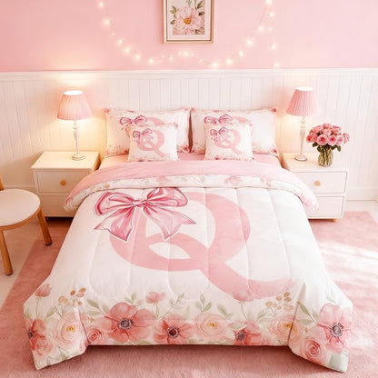 Erosebridal Kawaii Pink Bow Tie Bowknot Bed in A Bag,Flower Initial Letter Q Bedding Sets for Kids Girls Queen Size, Spring Fresh Style Comforter Set with Sheets, 2 Pillowcases, 2 Throw Pillow Covers