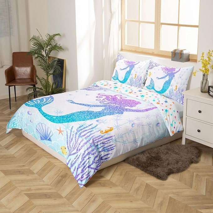 Castle Fairy Mermaid Duvet Cover Set Queen Size Rainbow Watercolor Glitter Bedding Set for Kids Girls Women Teens Room Decor, Mermaid Fish Scale Comforter Cover Ocean Coral Shell Quilt Cover 3pcs