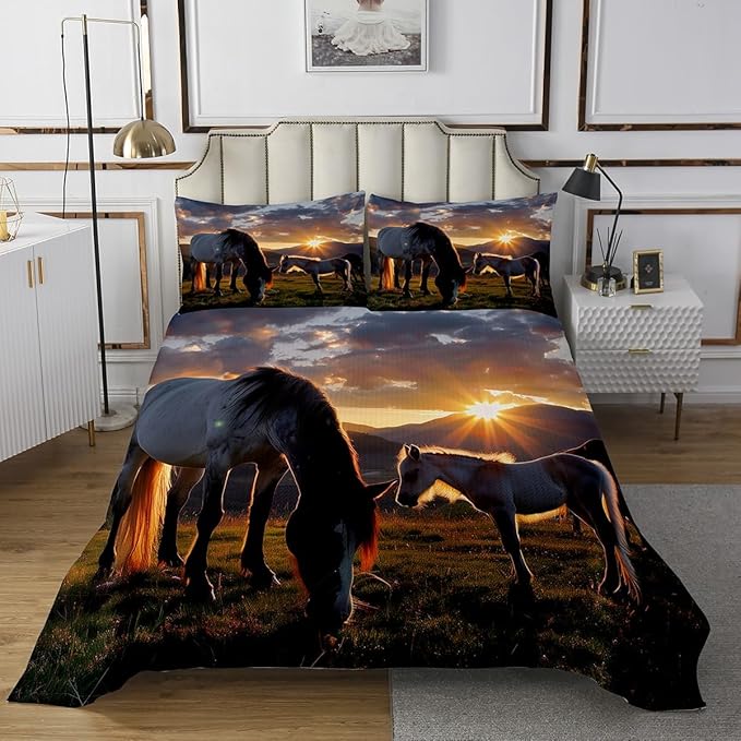 Erosebridal Horse Bedspread, Mountain Coverlet Set for Kids Teens Adult Boys, Natural Landscape Sunset Quilted Bedspread Quilt Set, Home Bedroom Decor for All Season, Twin Size