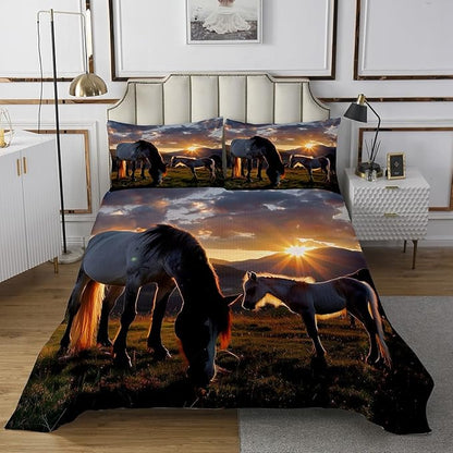 Erosebridal Horse Bedding Bedspread, Mountain Coverlet Set for Kids Teens Adult Boys Girls, Natural Landscape Sunset Quilted, Home Bedroom Decor for All Season, King Size