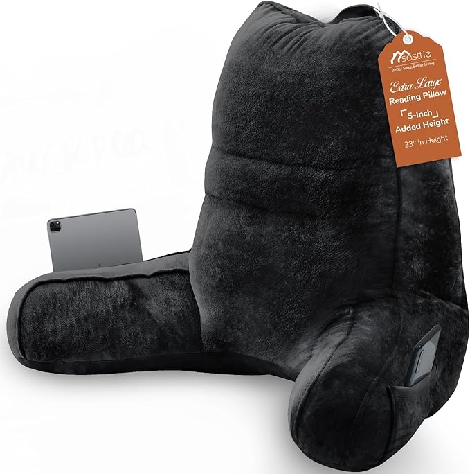 Sasttie Reading Pillow for Bed - 23 Inch, Back Pillow for Bed Sitting Up, Back-Rest Support Cushion with Side Pockets and Arms, Dorm Essentials, Oeko-Tex Certified, Black
