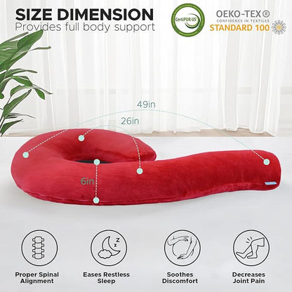 Body Pillow for Adults - Soft Long Bed Pillows Insert for Sleeping - Shredded Memory Foam and Removable Washable Cover - Swan Shaped Side Sleeper Pregnancy Pillow 49 Inch (Red)