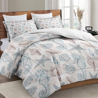 King Size Comforter Set with 2 Pillowcase, Sea Shells Seahorse Coral Soft 3 Pcs Bedding for Kids and Adults, Underwater Seashell Retro Comforter Set for Room Bedroom Bed Decor