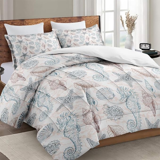 Twin Size Comforter Set with Pillowcase, Sea Shells Seahorse Coral Soft 2 Pcs Bedding for Kids and Adults, Underwater Seashell Retro Comforter Set for Room Bedroom Bed Decor