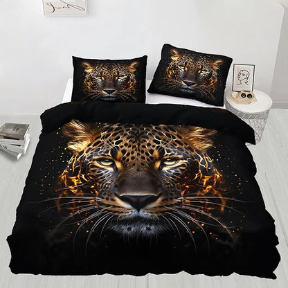 Tiger Duvet Cover Full Size, Cheetah Bedding Set 3 Piece Bedroom Decor Abstract Animal Comforter Cover and 2 Pillow Sham with Zipper Closure