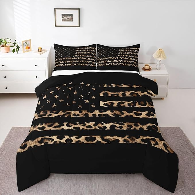 Feelyou American Flag Leopard Kids Comforter Set King Size Hunting Bedding Set Brown Cheetah Print Duvet Quilt for Kids Boys Girls Bedroom Animal Fur Decor Microfiber Ultra Soft Breathable