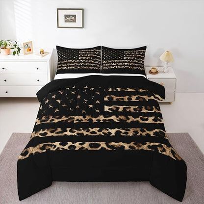 Feelyou American Flag Leopard Kids Comforter Set Queen Size Hunting Bedding Set Brown Cheetah Print Duvet Quilt for Kids Boys Girls Bedroom Animal Fur Decor Microfiber Ultra Soft Breathable