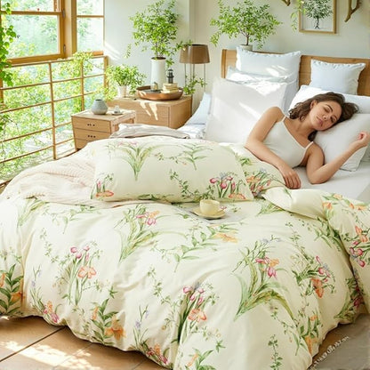 Duvet Cover Queen Size 100% Cotton Reversible Green Leaves Duvet Cover Set with Zipper Closure, 3 Pieces Vintage Flower Floral Bedding Comforter Cover, Ultra Soft & Breathable