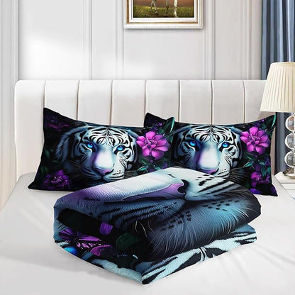 Wild Animal Themed Comforter Set Queen Size,White Leopard Floral Print Bedding Sets for Kids Teens Room Decor,Gothic Bedding All Season with 2 Pillowcases.