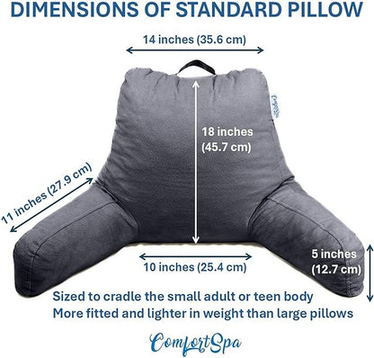 ComfortSpa Reading Pillow for Kids Teens Adult, Back Rest Pillow with Arms, Pockets, Washable Cover; Use as a Back Pillow for Bed Sitting Up for Bedrest or Relief from GERD Heartburn (Standard Grey)