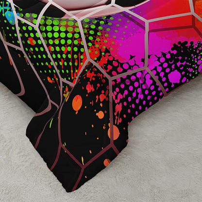Colorful Soccer Themed Comforter 3Pcs Full Gaming Football Net Bedding Set for Kid Teen Girl Boy Adult Ball Sports Games Graffiti Football Quilt Room Decor with 1 Comforter and 2 Pillowcases