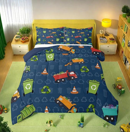 Erosebridal Kids Bedding Full Size Garbage Truck Comforter Set, Cartoon Car Vehicles Bedding Comforter Sets for Boys Girls Trash Waste Management Vehicle Duvet Set Refuse Classification Quilt 3Pcs