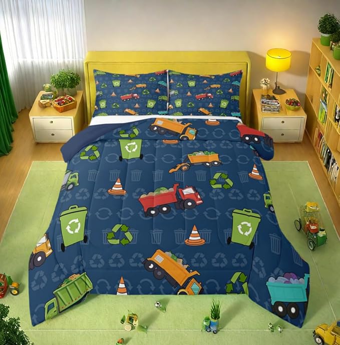 Erosebridal Kids Bedding King Size Garbage Truck Comforter Set, Cartoon Car Vehicles Bedding Comforter Sets for Boys Girls Trash Waste Management Vehicle Duvet Set Refuse Classification Quilt 3Pcs