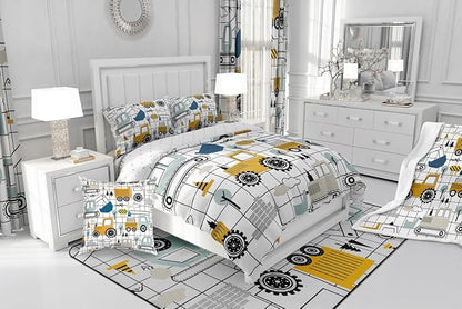Feelyou Construction Comforter Set Twin Size Kids Excavator Tractor Toddler Comforter Cartoon Car Equipment Trucks Plaid Grid Comforter Set Construction Vehicles WhiteDuvet Set Quilt Set