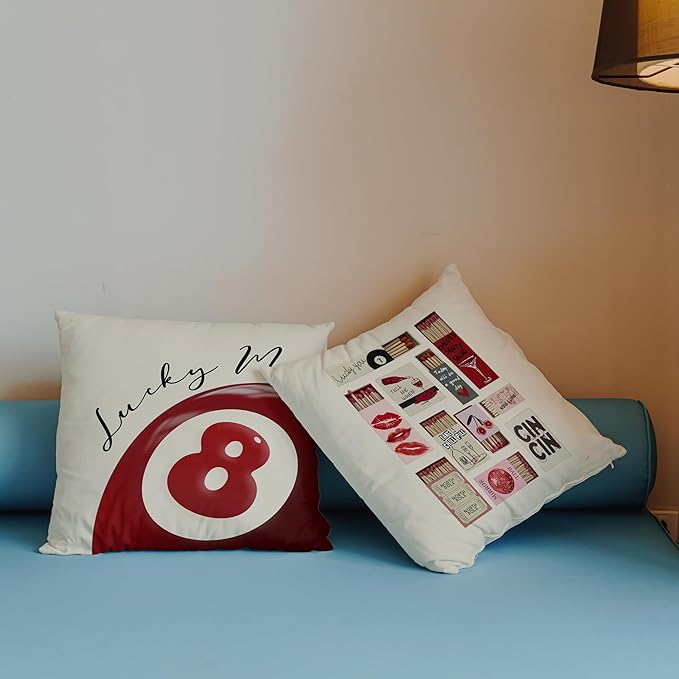 Trendy Lucky 8 Ball Pillow Covers 18x18 Set of 2, Retro Funky Red Billiards Decorative Throw Pillow Covers for Girls Room Bedroom Dorm Apartment Home
