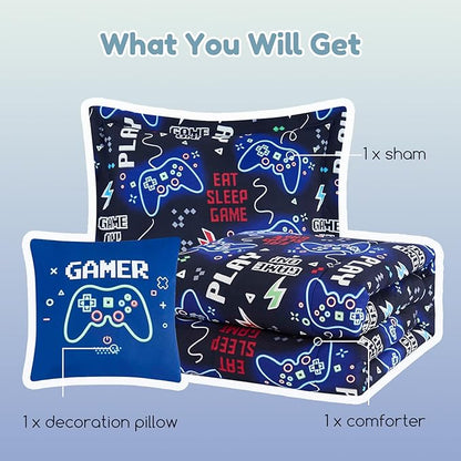 Twin Comforter Set for Boys-3 Pieces Gamer Glow in The Dark Twin Bedding Sets for Kids,1 Comforter,1 Sham and 1 Decor Pillow
