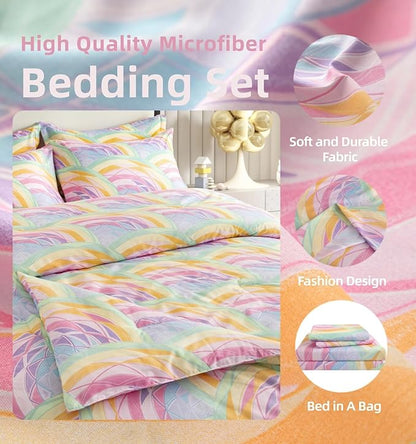 SDY 7PCS Rainbow Bedding Set Queen Bed in A Bag Set 7 Piece Mermaid Bedding for Kids,Boys and Girls with Rainbow Comforter Queen and Mermaid Sheets