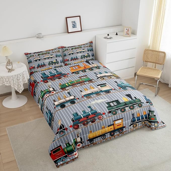 Erosebridal Kids Train Comforter Set - Full Size for Boys & Girls - Colorful Steam Engine Bedding Sets - Cartoon Train Transportation Comforter with 2 Pillow Cases, Gray, Green, Blue, Yellow, White