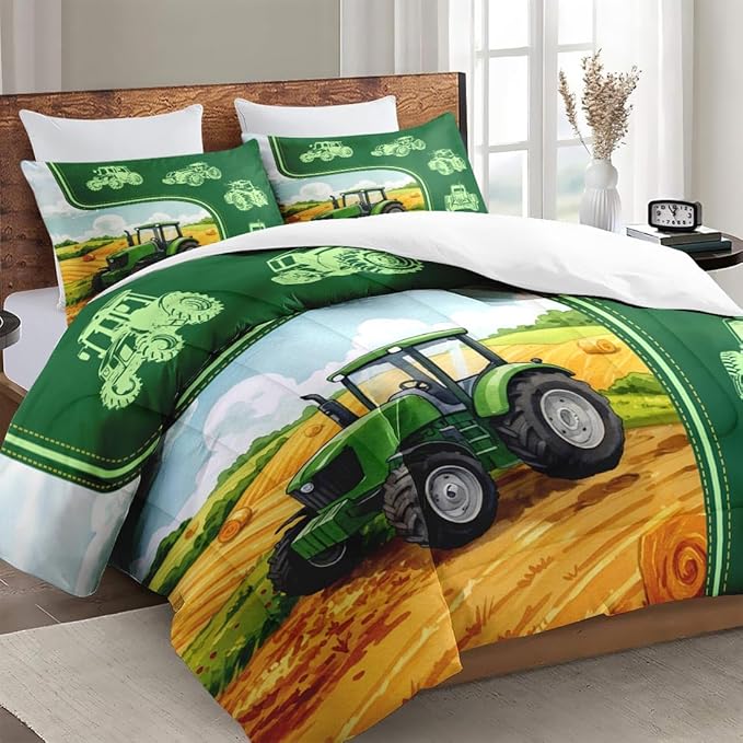 Full Size Comforter Set with 2 Pillowcase, Green Tractor Soft 3 Pcs Bedding for Kids and Adults, Watercolor Landscape Comforter Set for Room Bedroom Bed Decor