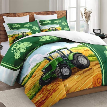 Full Size Comforter Set with 2 Pillowcase, Green Tractor Soft 3 Pcs Bedding for Kids and Adults, Watercolor Landscape Comforter Set for Room Bedroom Bed Decor