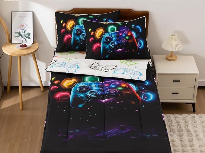 Holawakaka Kids Zipper Bedding Gaming Comforter Set, Boys Girls Twin Size Galaxy Gamer Print Zippered Bed Sets, Child Cartoon Dorm Zip Bed-in-A-Bag