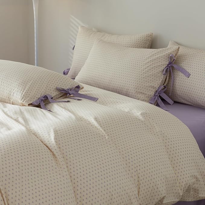 AOJIM Aesthetic Purple Duvet Cover Set for Kids Adults, Pure Cotton Bedding Comforter Cover with Heart Motif, 1 Twin Duvet Cover 68x86 and 2 Pillowcases 20x26 with Bow Ties for Room Decor, No Quilt