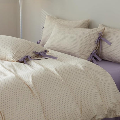 AOJIM Aesthetic Purple Duvet Cover Set for Kids Adults, Pure Cotton Bedding Comforter Cover with Heart Motif, 1 Twin Duvet Cover 68x86 and 2 Pillowcases 20x26 with Bow Ties for Room Decor, No Quilt