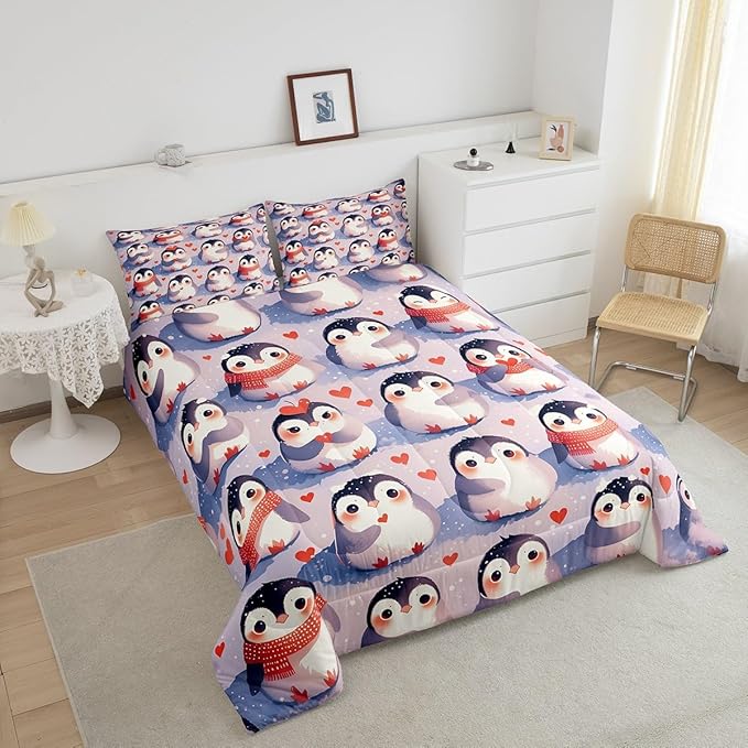 Cute Penguin Comforter Set King Size for Kids Geometric Love Heart Bedding Sets All Season Kawaii Wildlife Animal Quilt Set Bedroom Decor Cartoon Penguins Down Comforter,3Pcs