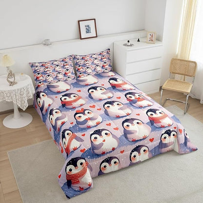 Cute Penguin Comforter Set Queen Size for Kids Geometric Love Heart Bedding Sets All Season Kawaii Wildlife Animal Quilt Set Bedroom Decor Cartoon Penguins Down Comforter,3Pcs