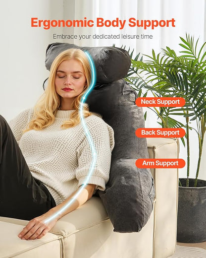 VEVOR Reading Pillow, Extra Large Bed Pillow for Sitting Up with Removable Headrest &3 Pockets, Back Pillow for Bed with Shredded Memory Foam, Pillow with Arms for Reading, Gaming, Resting, Grey