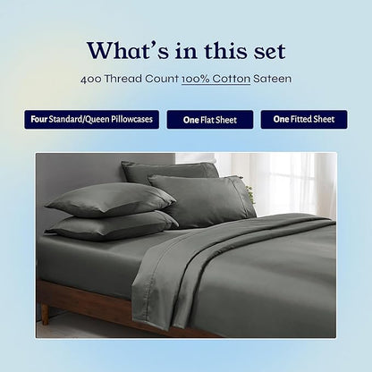 California Design Den 6-Pc Queen Size Sheet Set with 4 Pillowcases - 400 Thread Count 100% Cotton Sheets, Sateen Weave, Deep Pocket Bedsheets Set - Grey